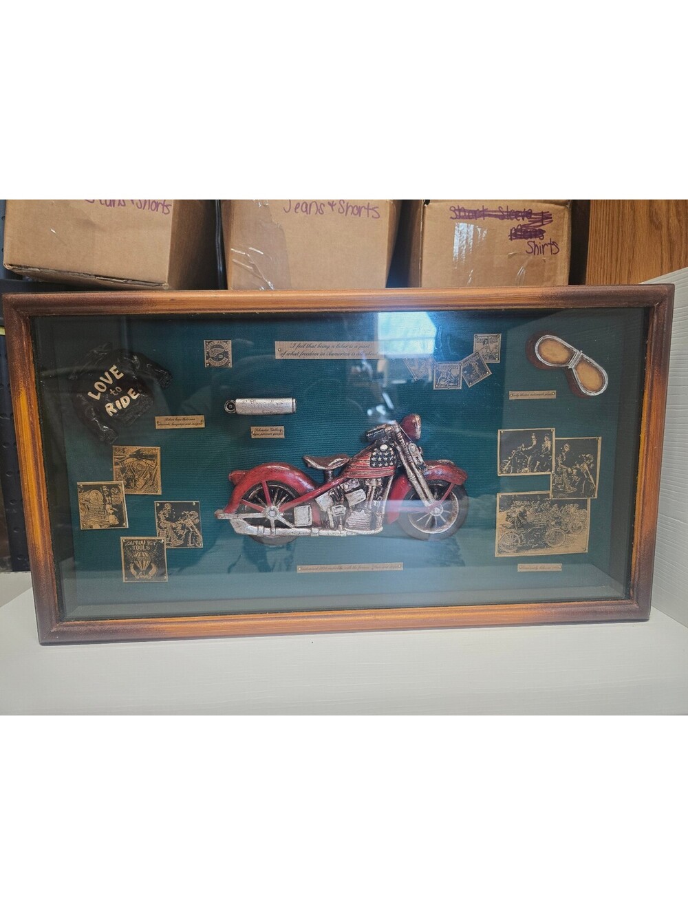 Vintage Biker Motorcycle Shadow Box 3D Wall Art Red American Flag Bike Goggles